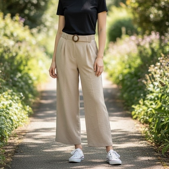 Pants - Jules & Leopold Pants Large Women Cream Excellent Linen Ribbed Belted Wide Leg